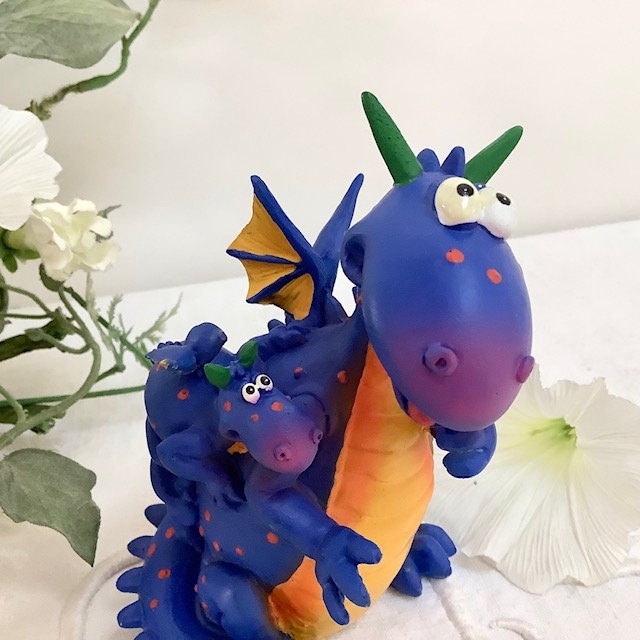 Figurine résine dragon bleu avec bébé vintage