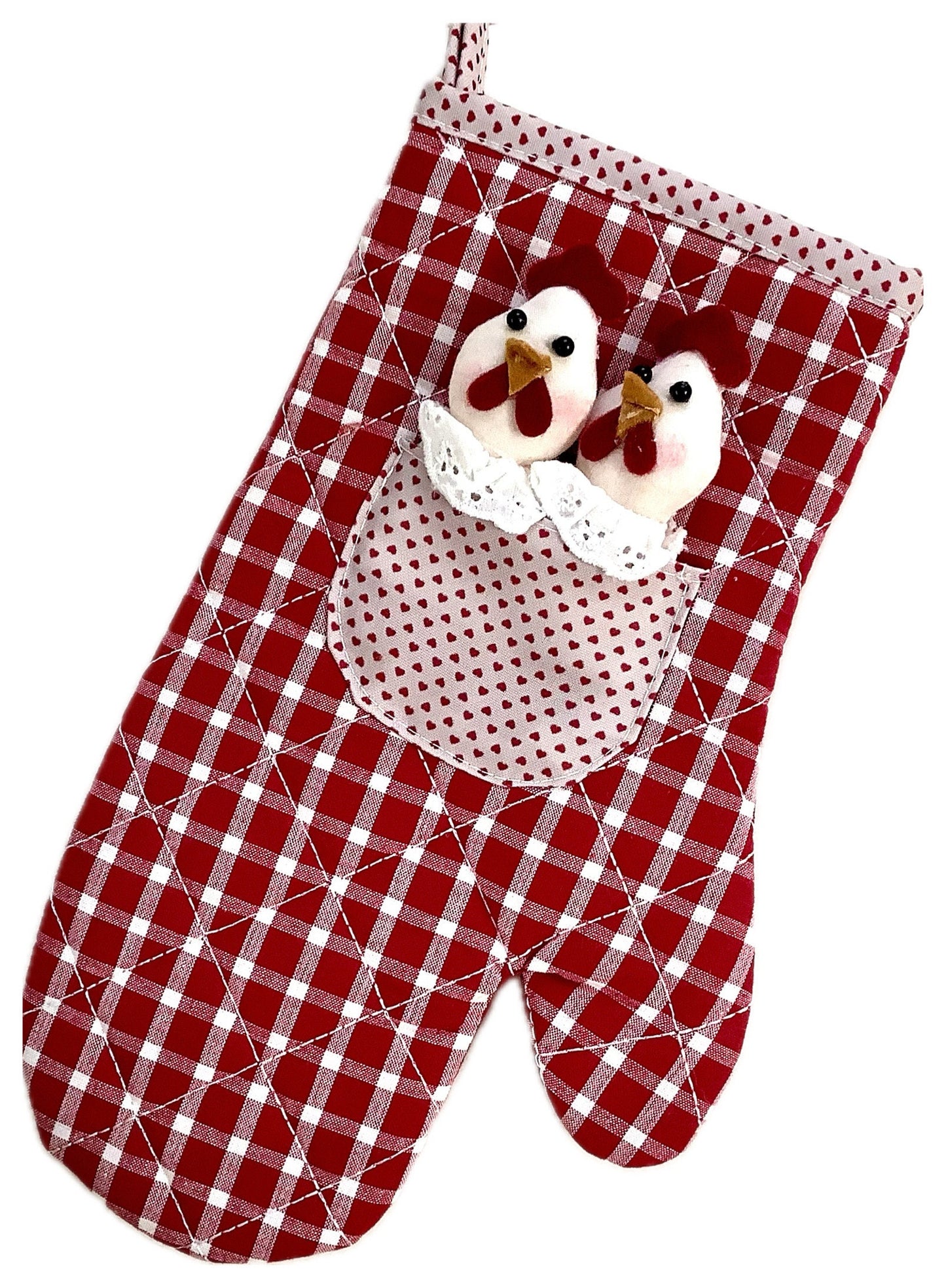 Maniques gants de four poules carreaux rouge et cœur la galleria ht 30 cm