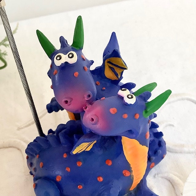 Figurine dragon bleu porte photo résine vintage