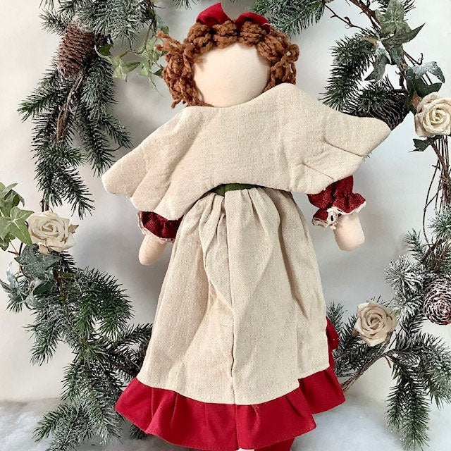 Poupée de chiffon ange tissu écru rouge ht 27 cm vintage