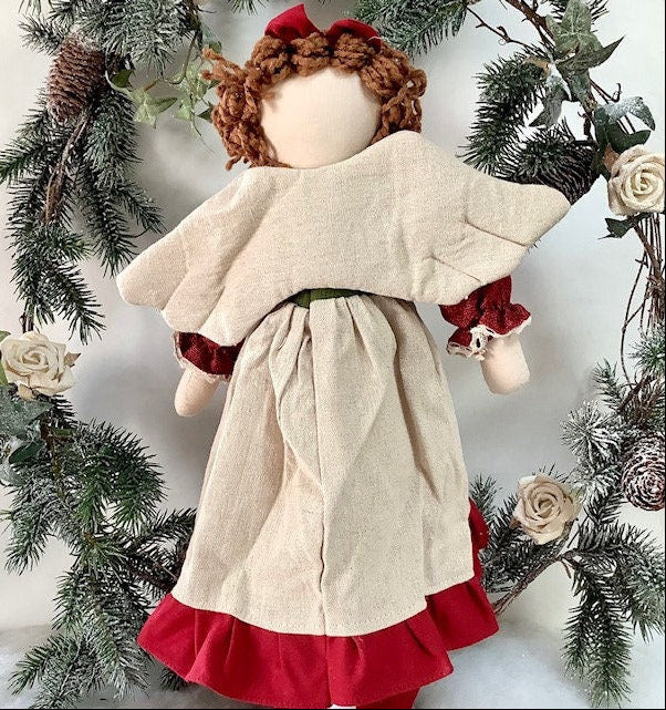 Poupée de chiffon ange tissu écru rouge poupée vintage