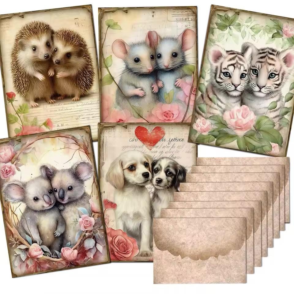 Images animaux mignons 12 cartes + 8 enveloppes + 48 autocollants
