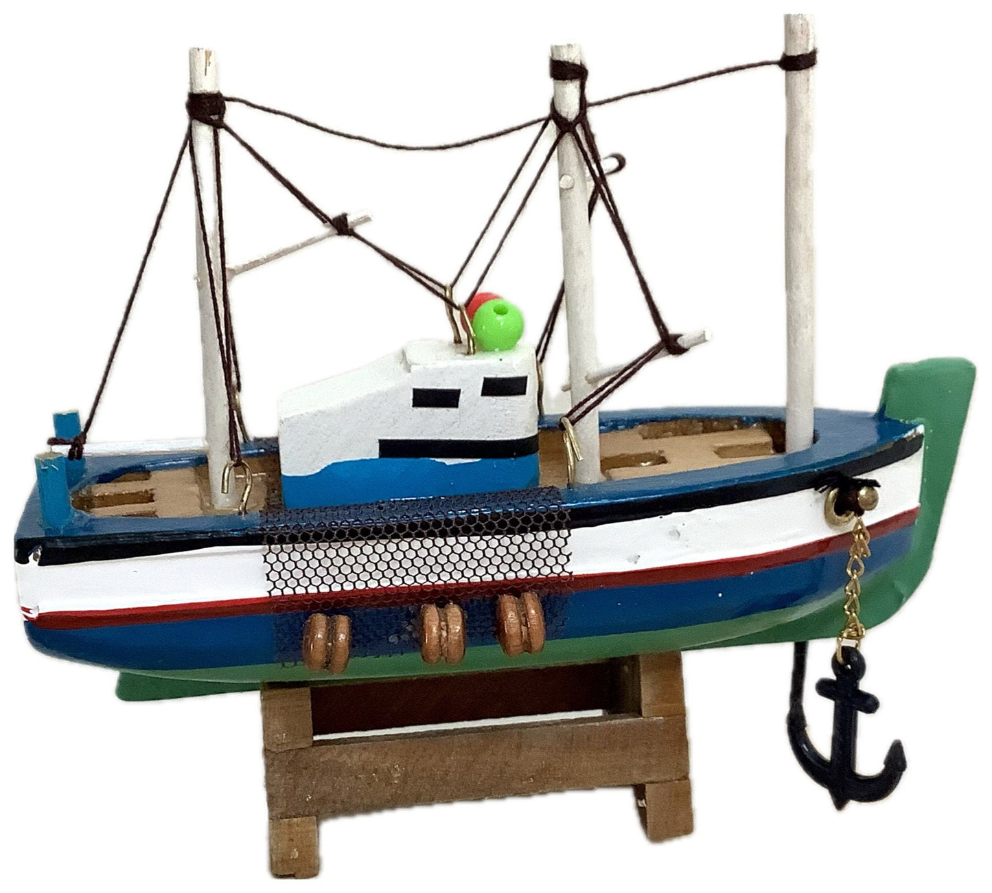 Bateau miniature bois chalutier bleu vert décoration marine ht 9 cm