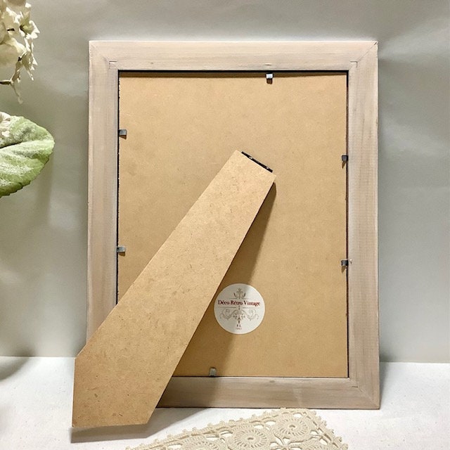 Tableau cadre bois blanc lin roses anciennes vintage