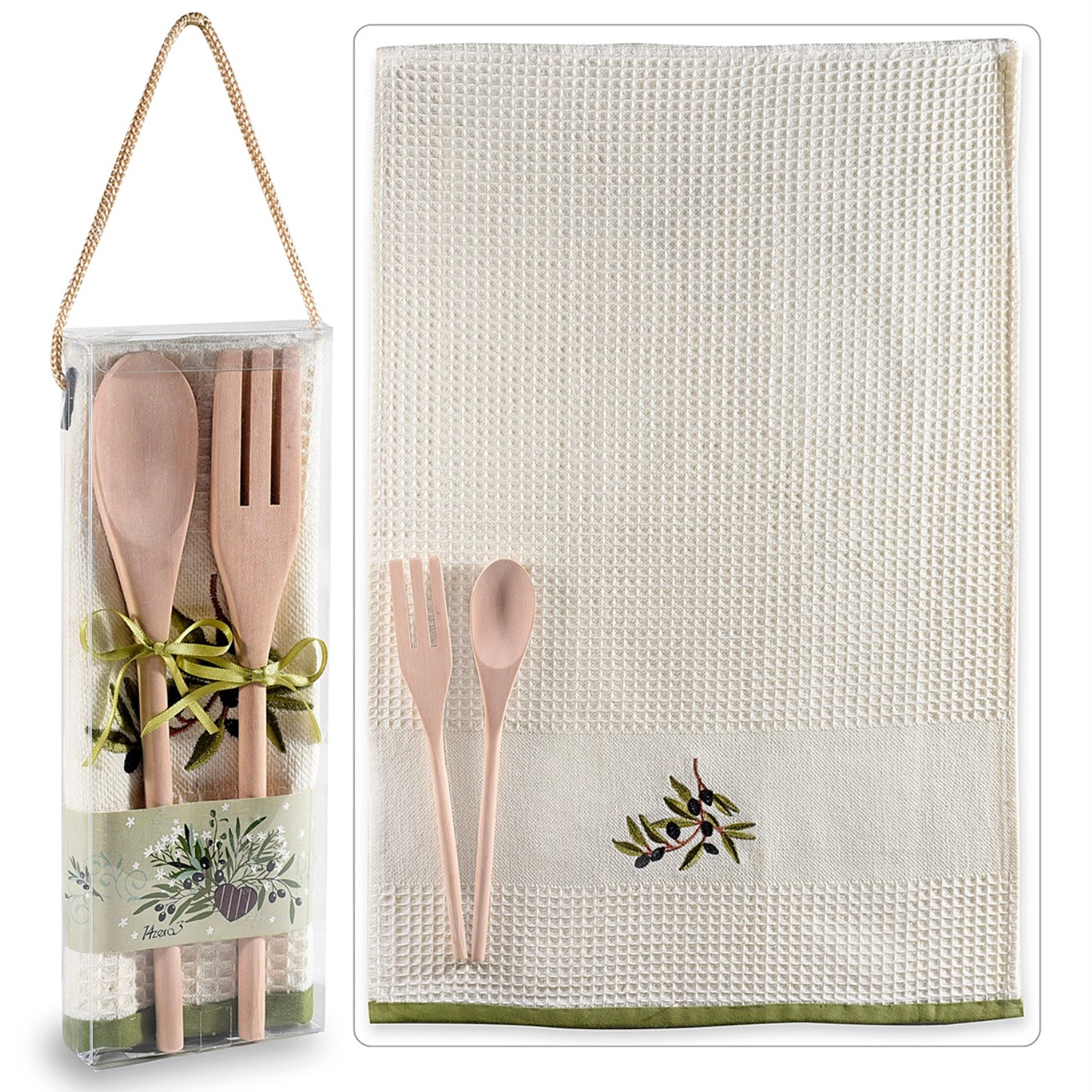 Torchon coton brodé couverts bois thème olive