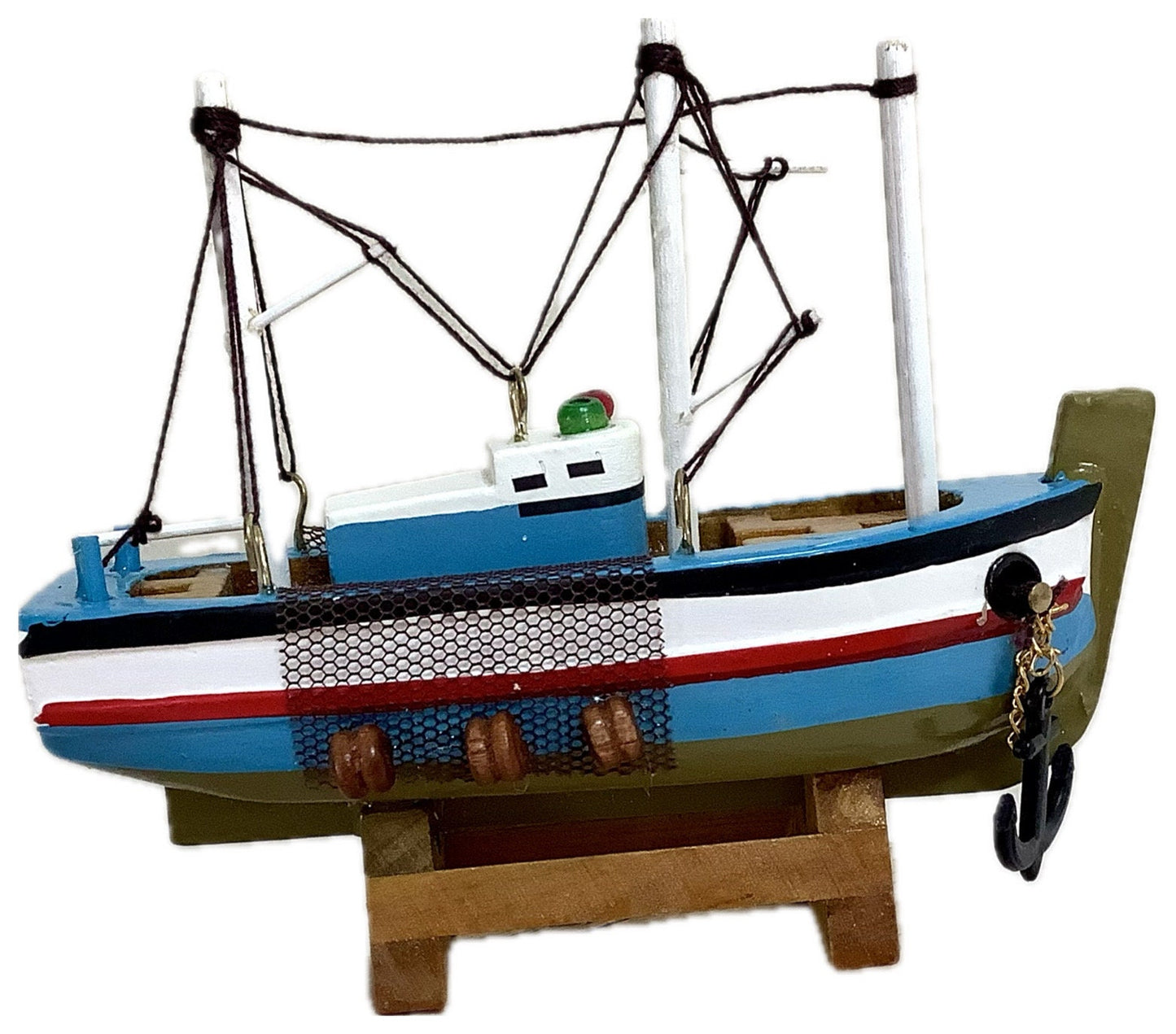 Bateau miniature bois chalutier bleu clair rouge décoration marine ht 9 cm