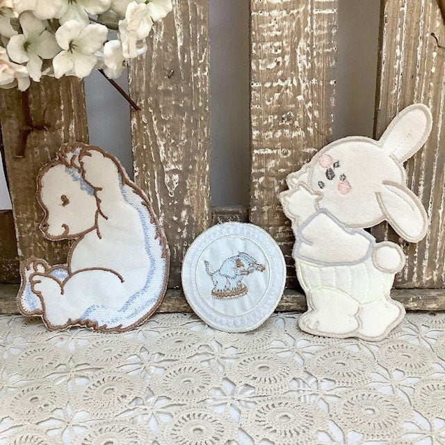 Écussons à coudre hérisson lapin éléphant bleu vintage