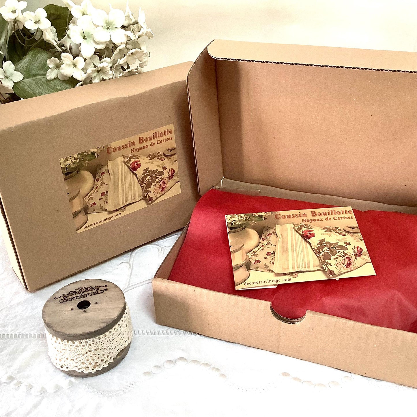 Bouillotte sèche coussin noyaux de cerises lin grandes roses