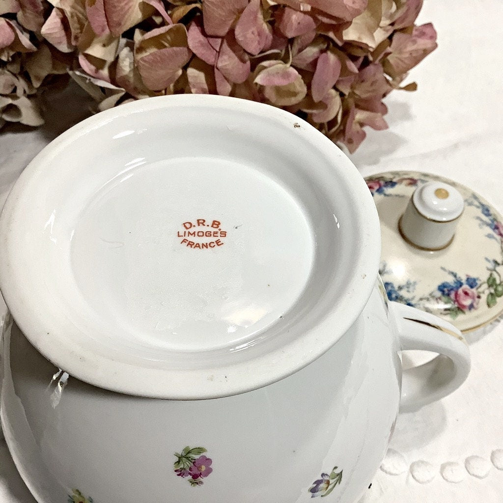 Sucrier bonbonnière porcelaine fleurs D.R.B Limoges vintage