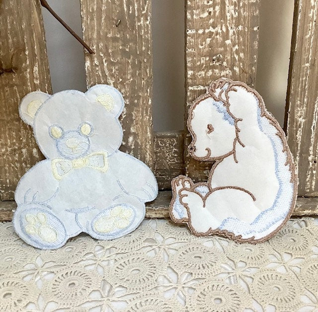 Écussons à coudre hérisson et ourson bleu vintage