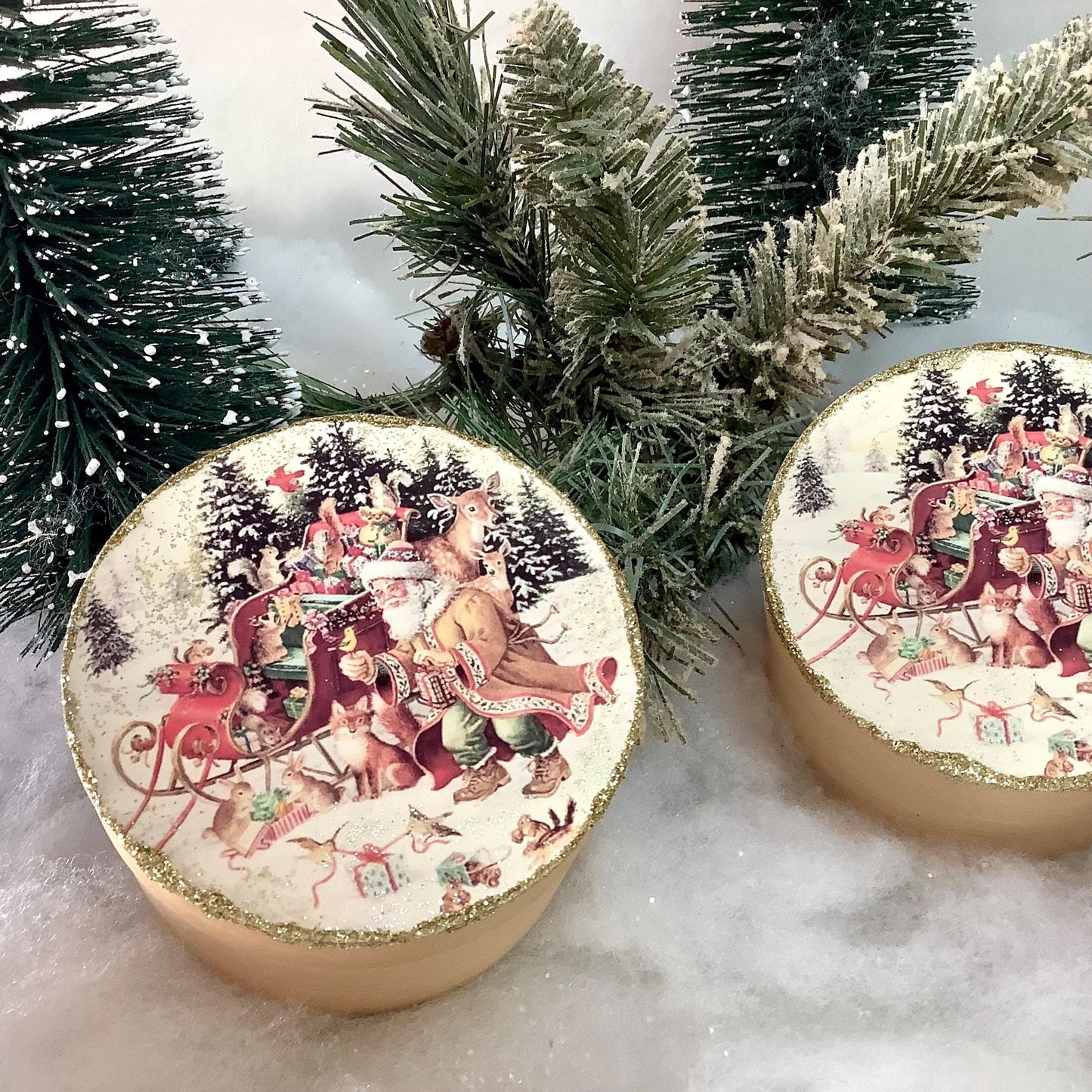 Boîtes rondes décoration Noël bois épicéa ht 5.5 cm