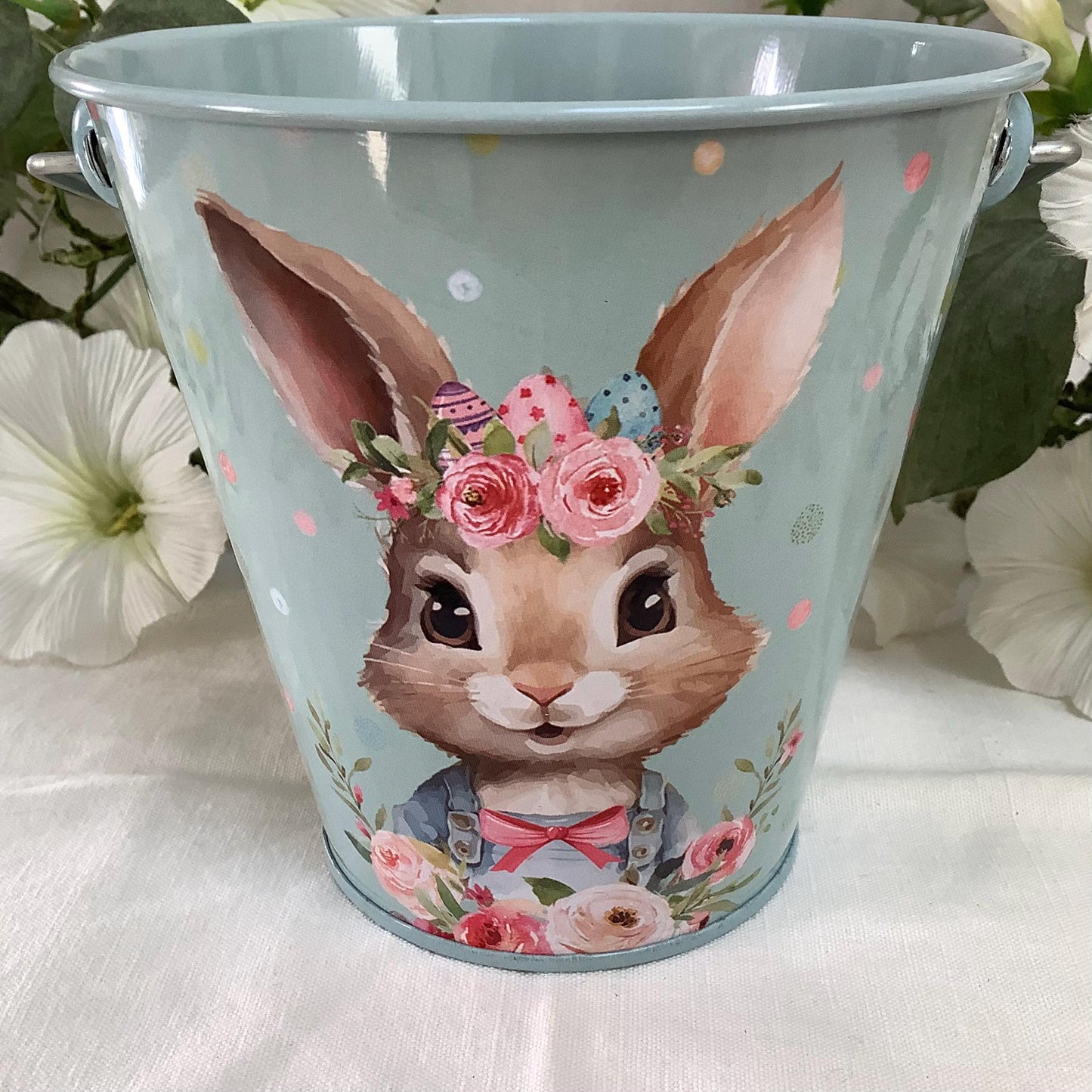 Seau métal imprimé lapin de Pâques bleu ht 11 cm