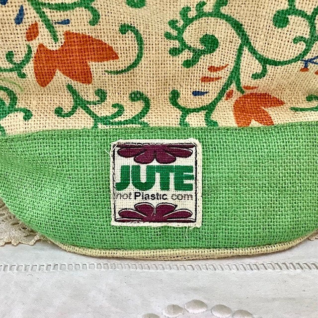 Sac de plage imperméable toile de jute beige arabesque vert ht 40 cm