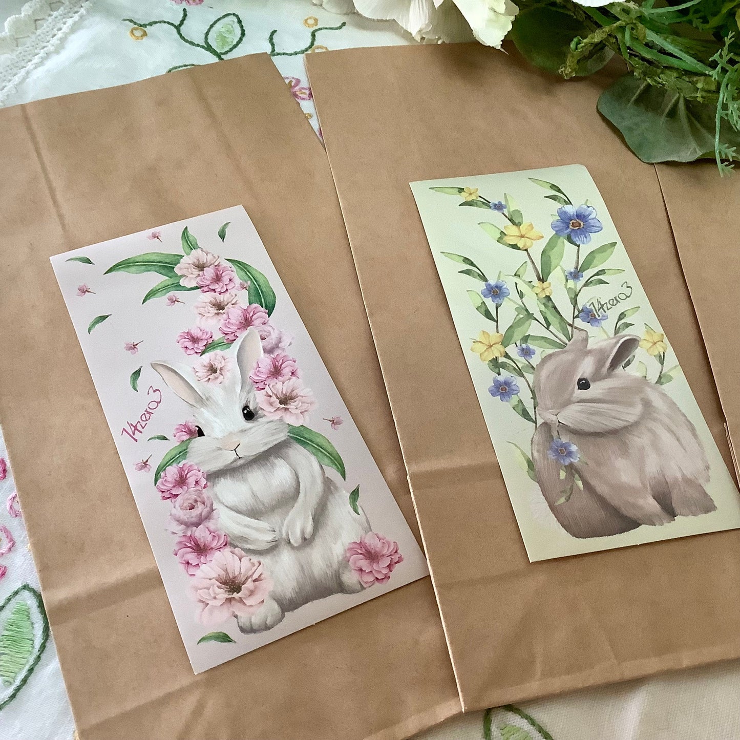 Sachets kraft x 4 motifs lapins ht 23.5 cm