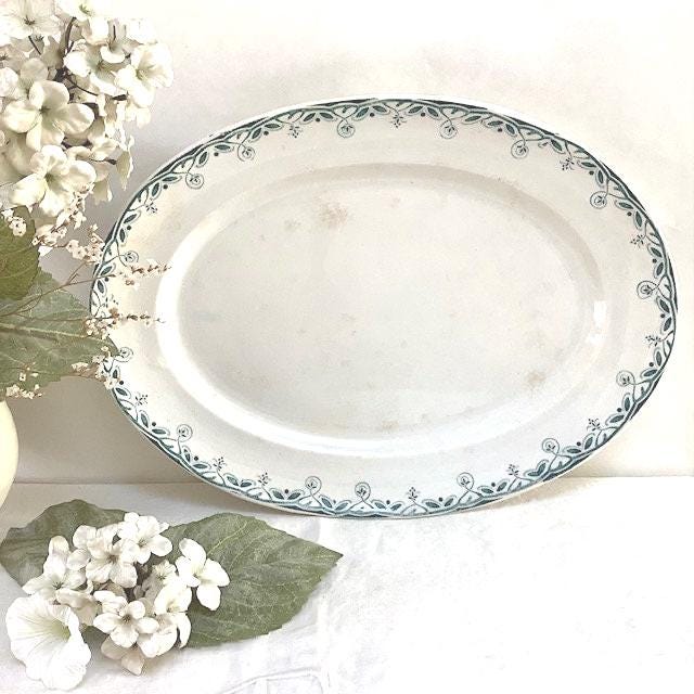 Grand plat ovale faïence Creil et Montereau vert vintage