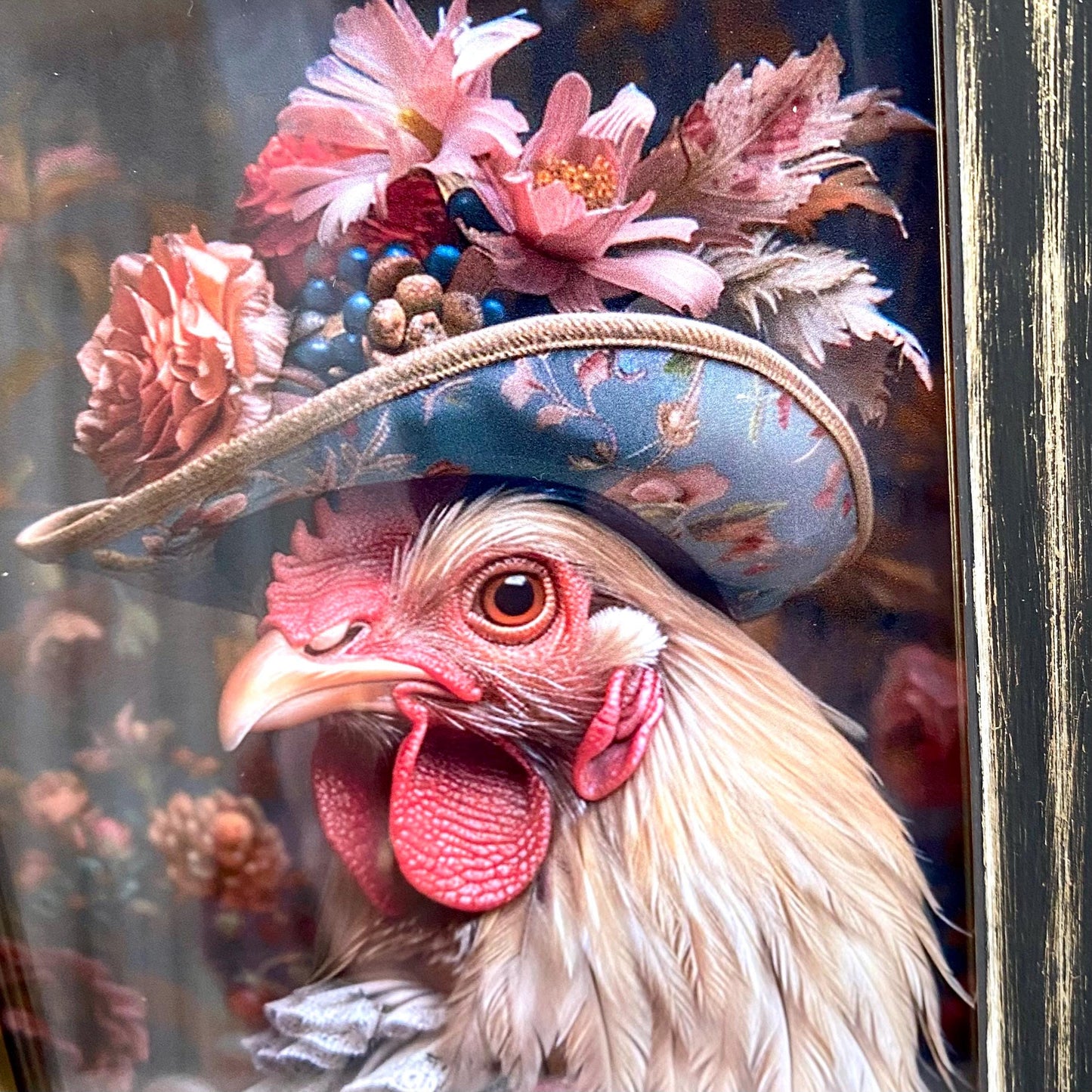 Vue rapprochée cadre décoratif coq victorien, finition bois noir et doré, style campagne rétro
