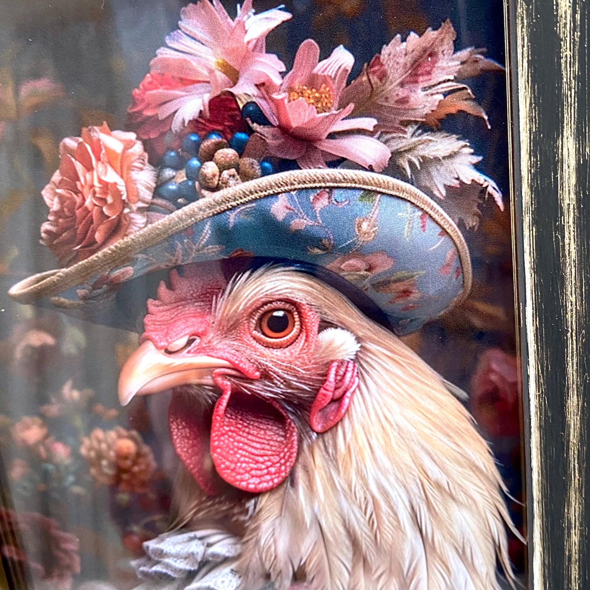 Vue rapprochée cadre décoratif coq victorien, finition bois noir et doré, style campagne rétro