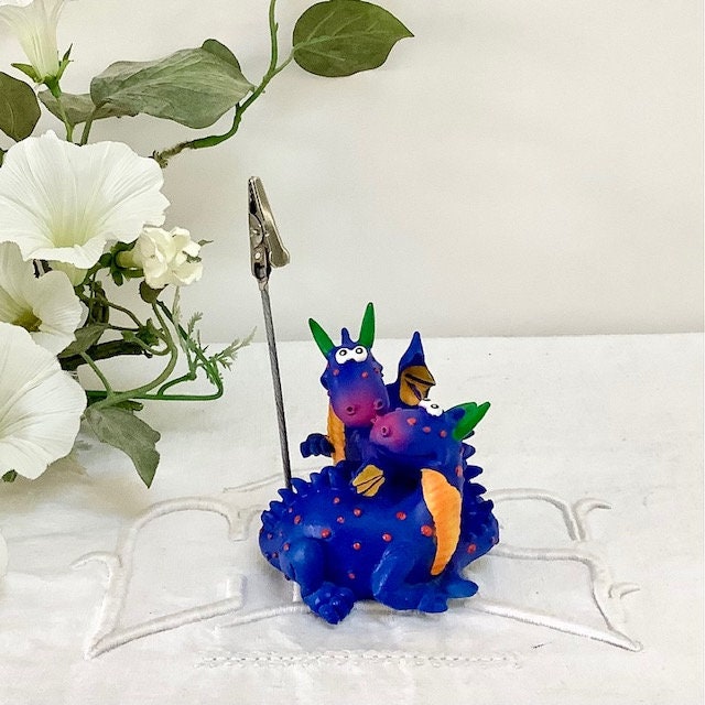 Figurine dragon bleu porte photo résine vintage