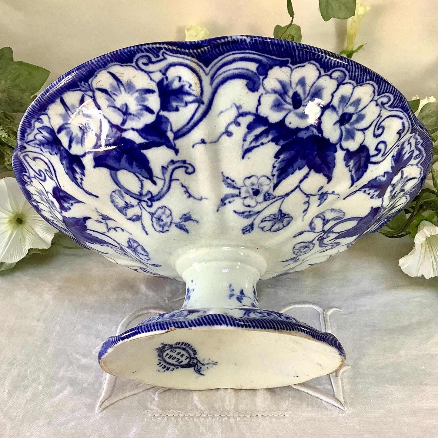 Plat serviteur piédouche compotier bleu faïence creil Flora nontereau 1855 vintage