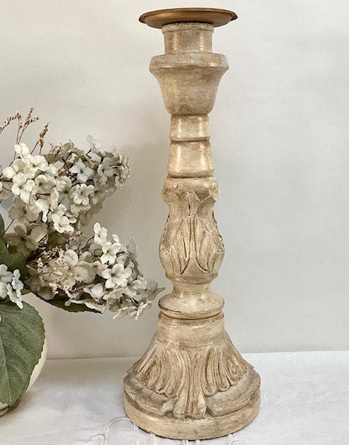 Chandelier bougeoir bois sculpté patiné beige ht 43 cm vintage