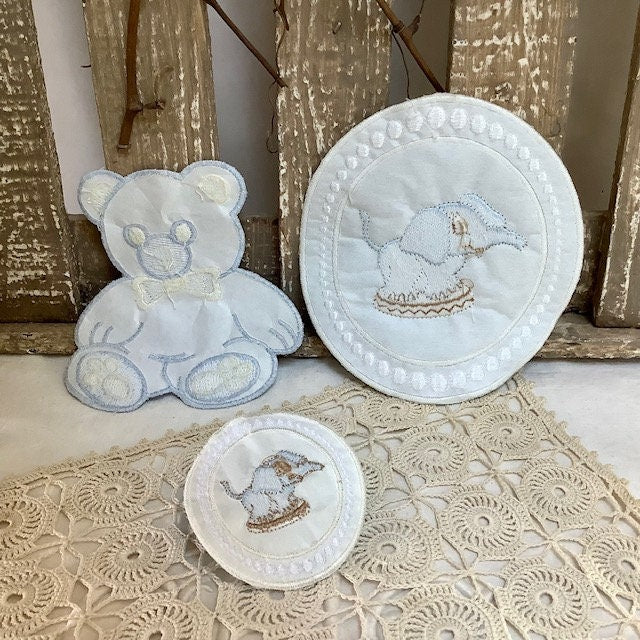 Écussons à coudre ourson éléphants bleu vintage