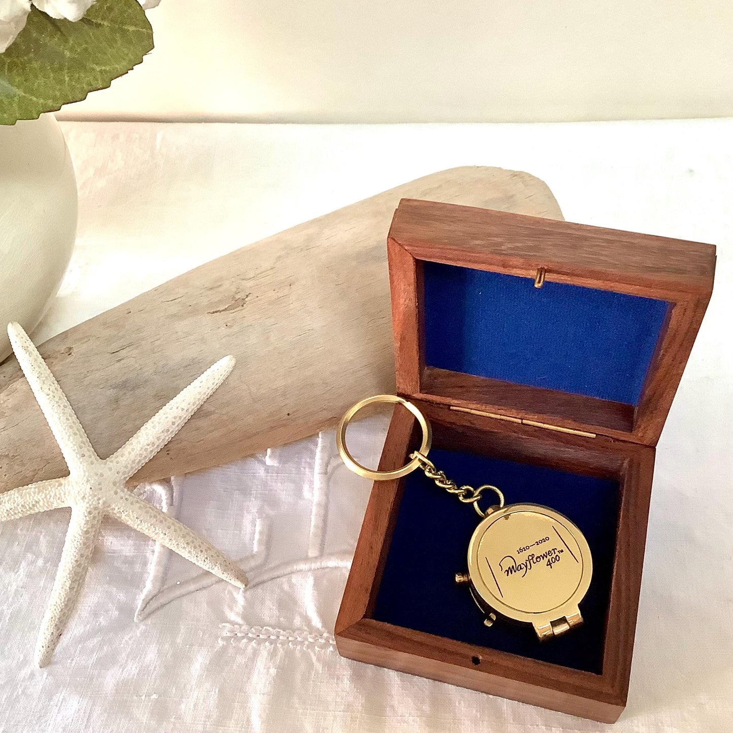 Porte clés boussole laiton vintage boîte palissandre