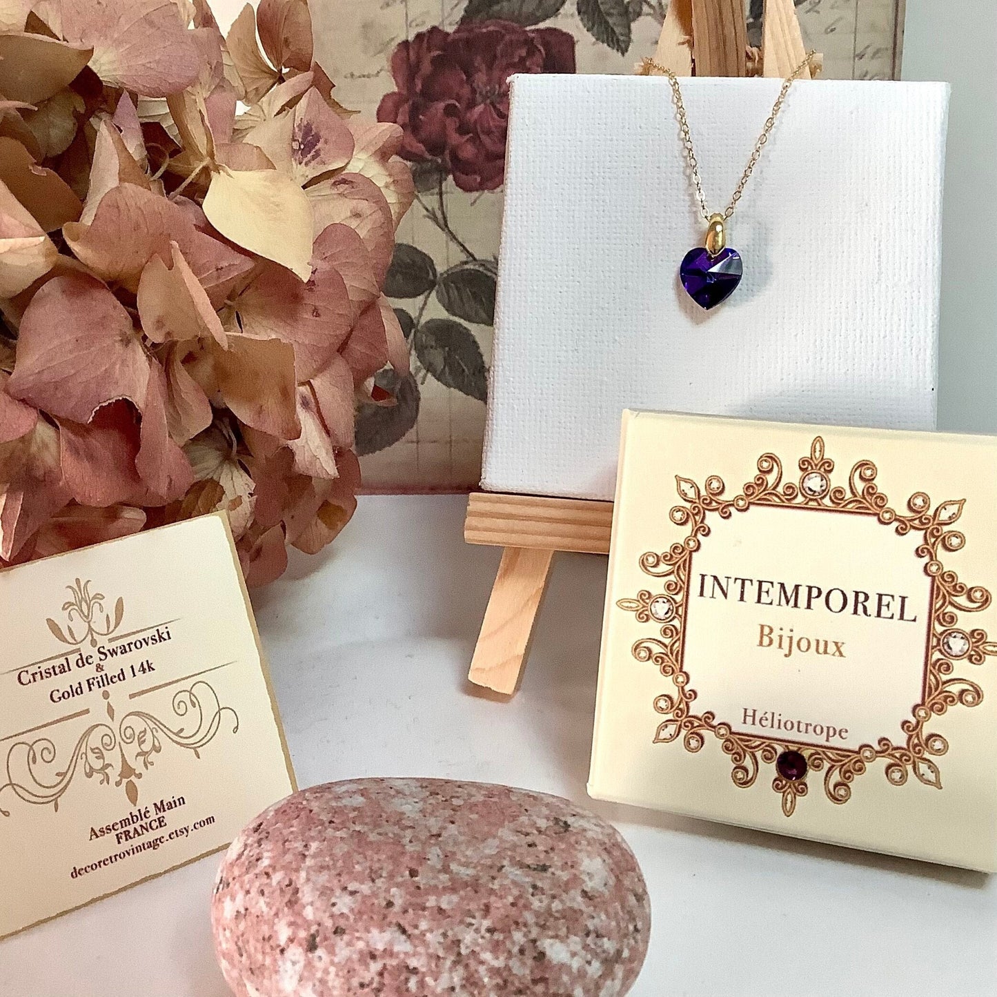 Collier coeur Héliotrope pendentif cristal Swarovski chaîne Gold Filled plaqué or 14 k