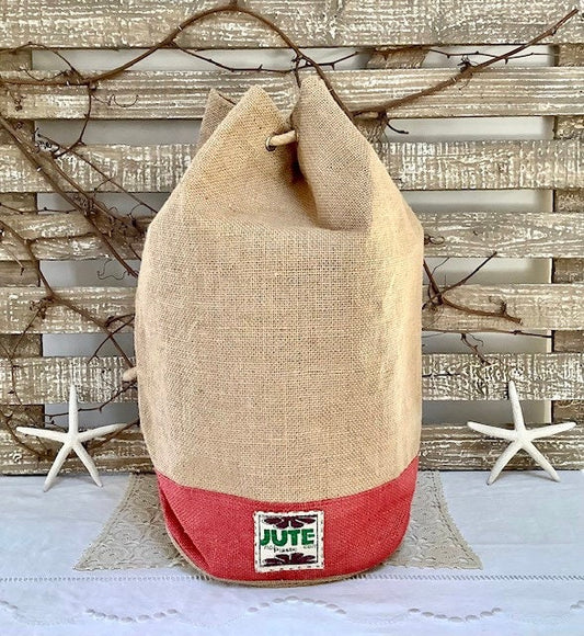 Sac de plage imperméable toile de jute beige framboise ht 40 cm