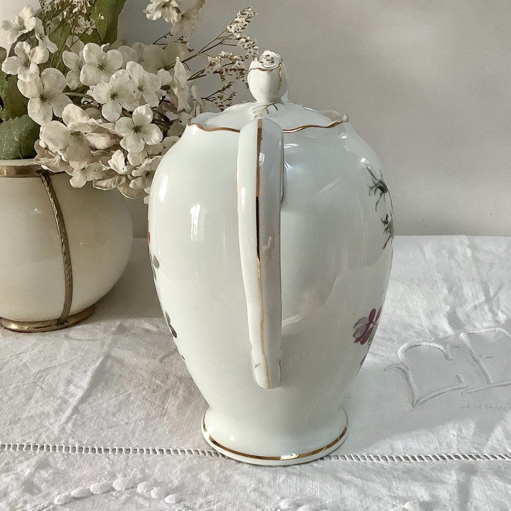 Cafetière théière verseuse porcelaine fleurs Lourioux vintage