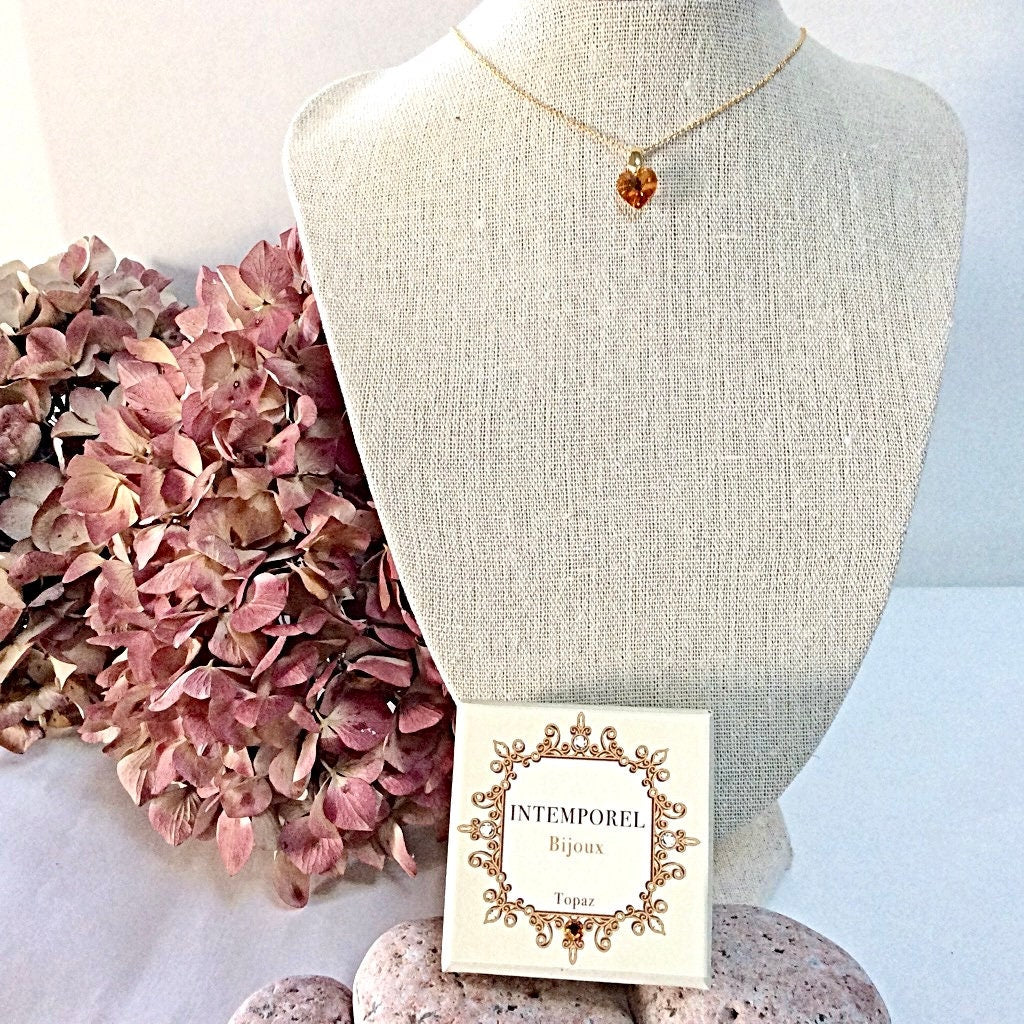 Collier coeur Topaz pendentif cristal Swarovski chaîne Gold Filled plaqué or 14 k