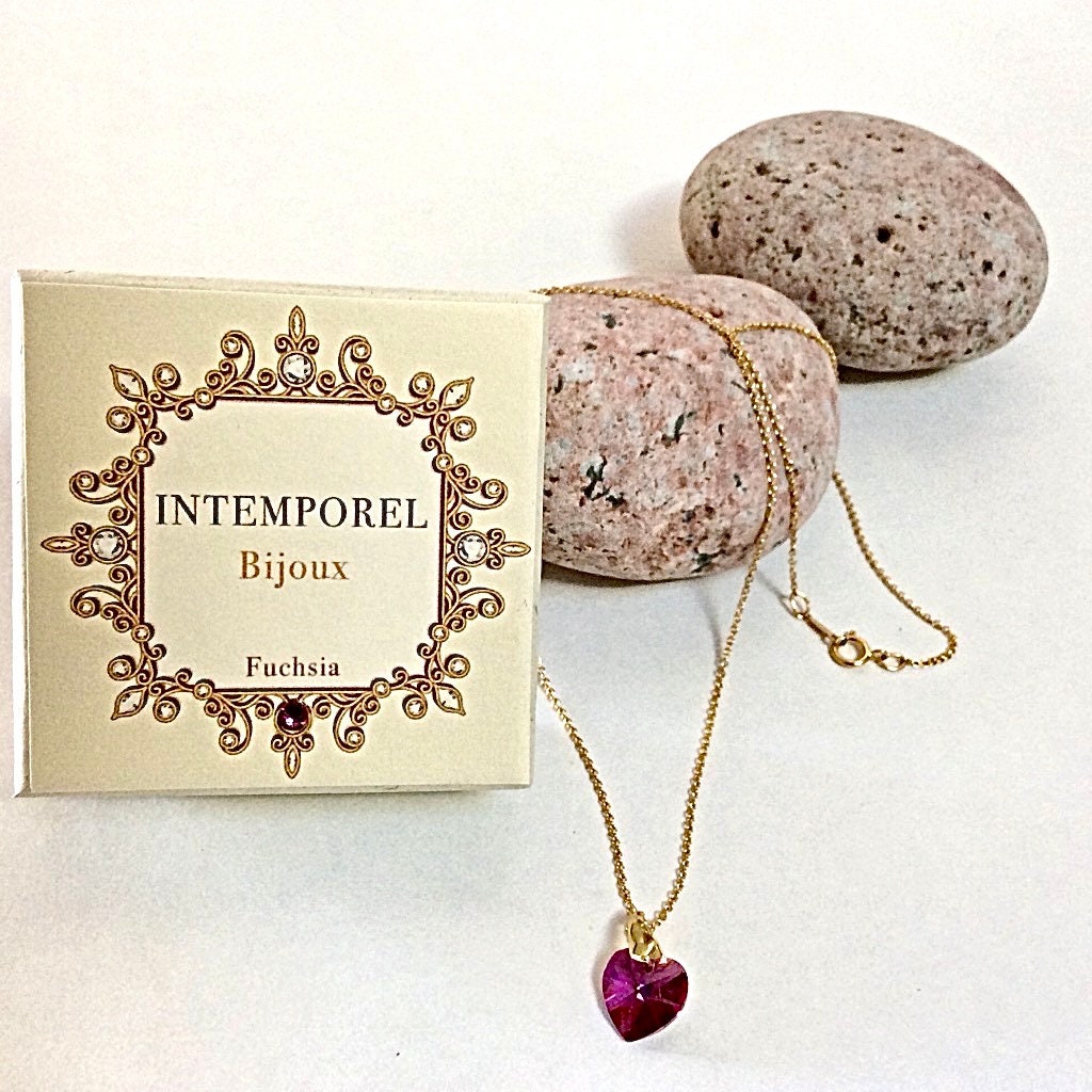 Collier coeur Fuchsia pendentif cristal Swarovski chaîne Gold Filled plaqué or 14 k