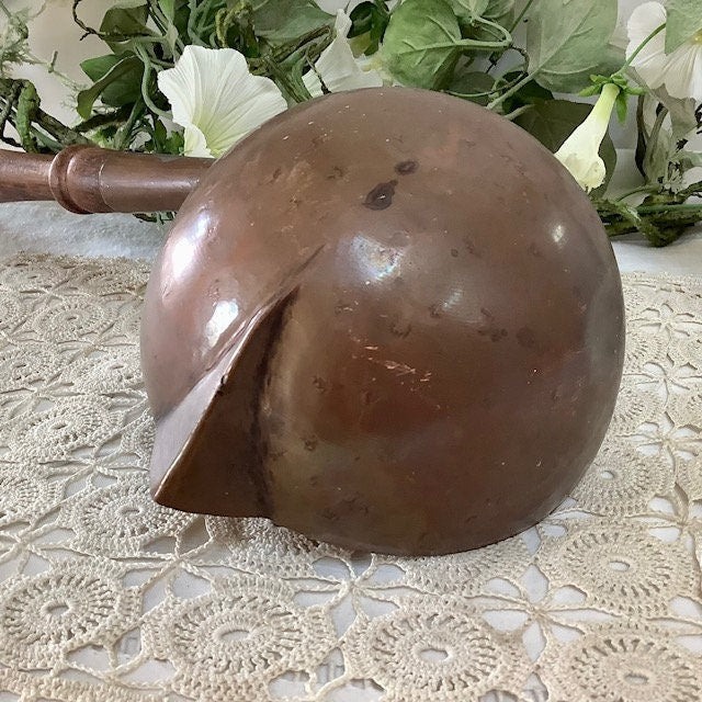 Grande louche cuivre étamé manche bois 54 cm vintage