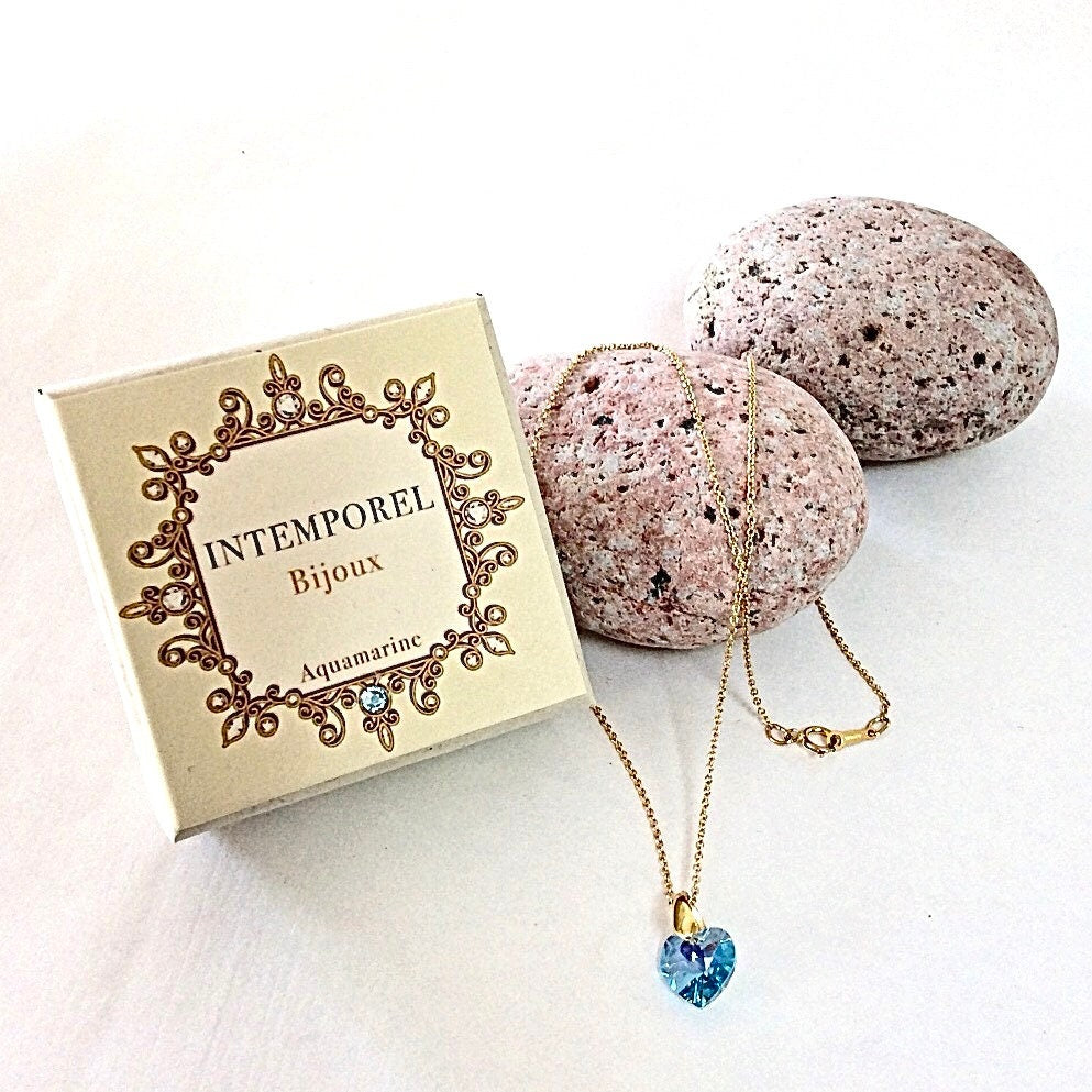 Collier coeur Aquamarine pendentif cristal Swarovski chaîne Gold Filled plaqué or 14 k