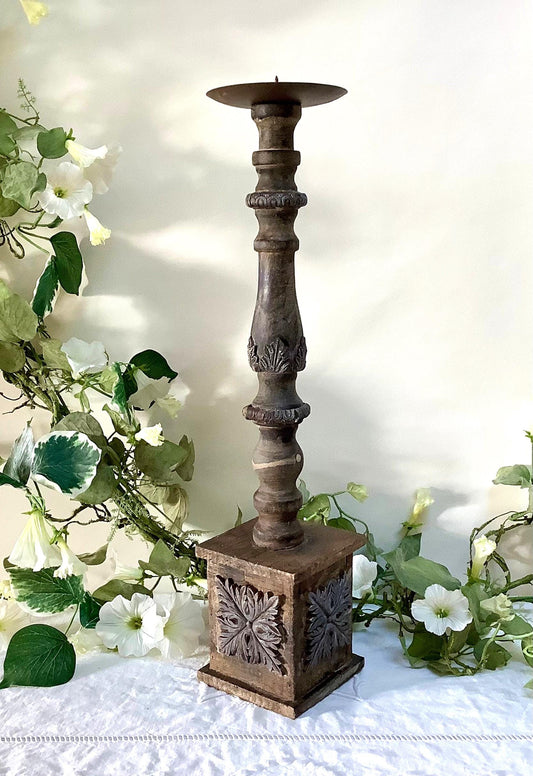 Bougeoir pilier pique cierge bois sculpté vintage ht 43 cm