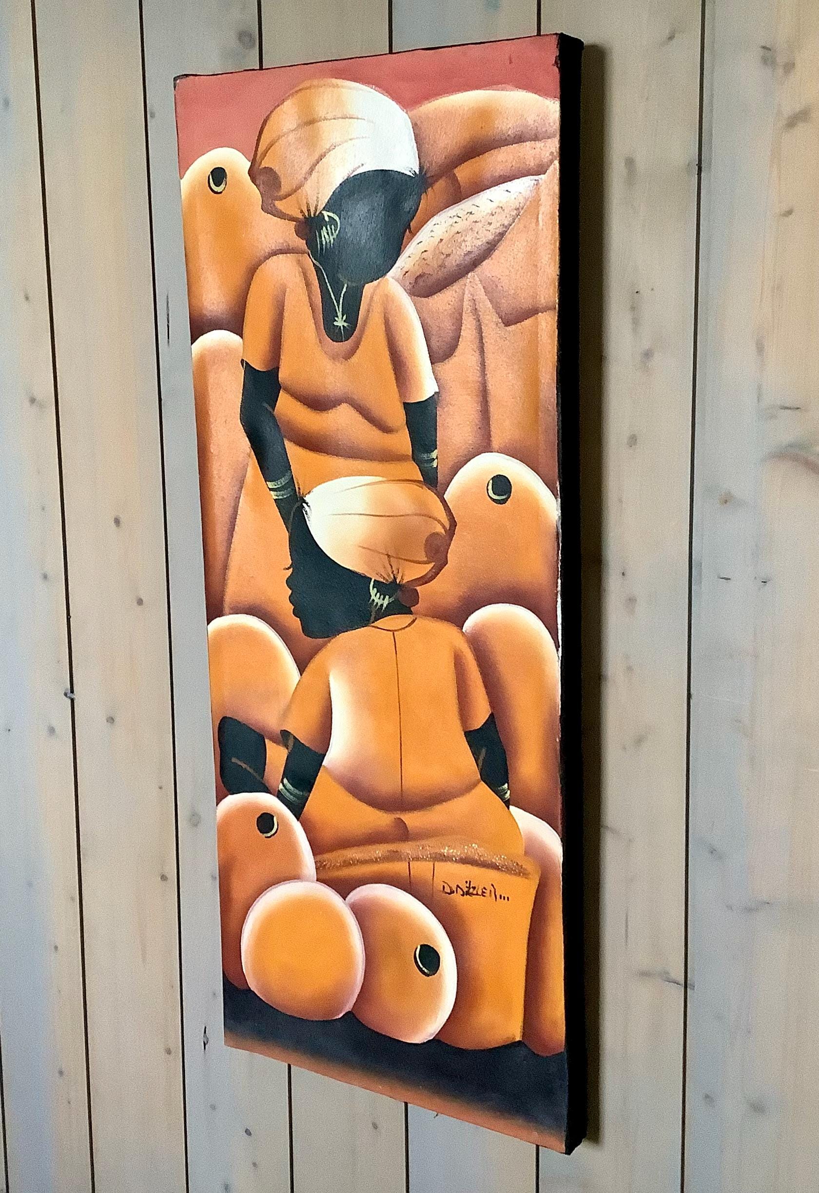 Détail peinture art naïf dominicain acrylique sur toile signée, art populaire couleurs vives 75 cm