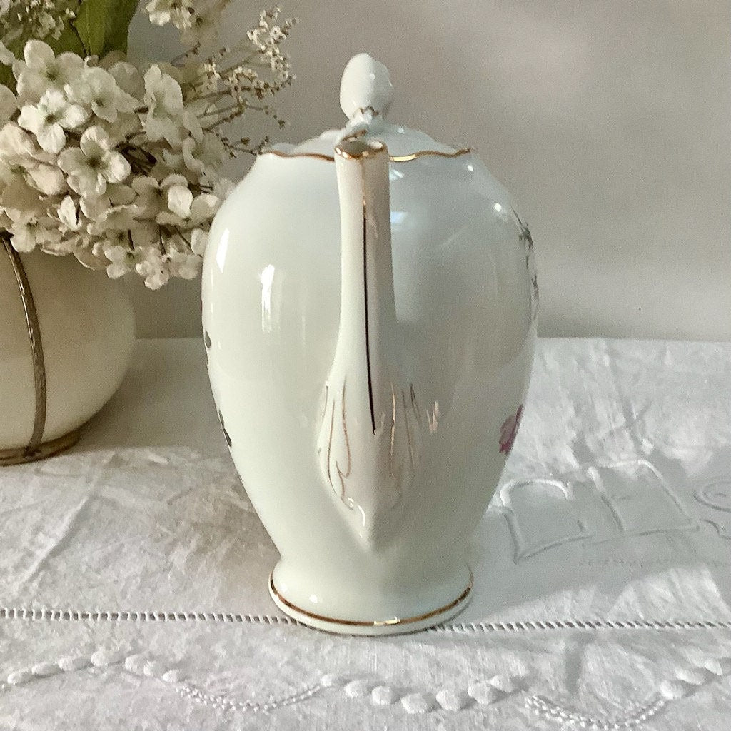 Cafetière théière verseuse porcelaine fleurs Lourioux vintage