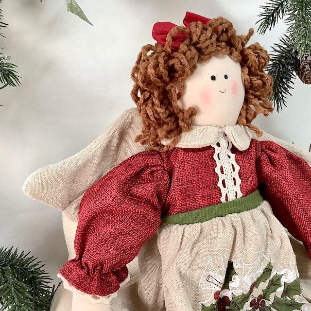 Poupée de chiffon ange tissu écru rouge  ht 27 cm vintage