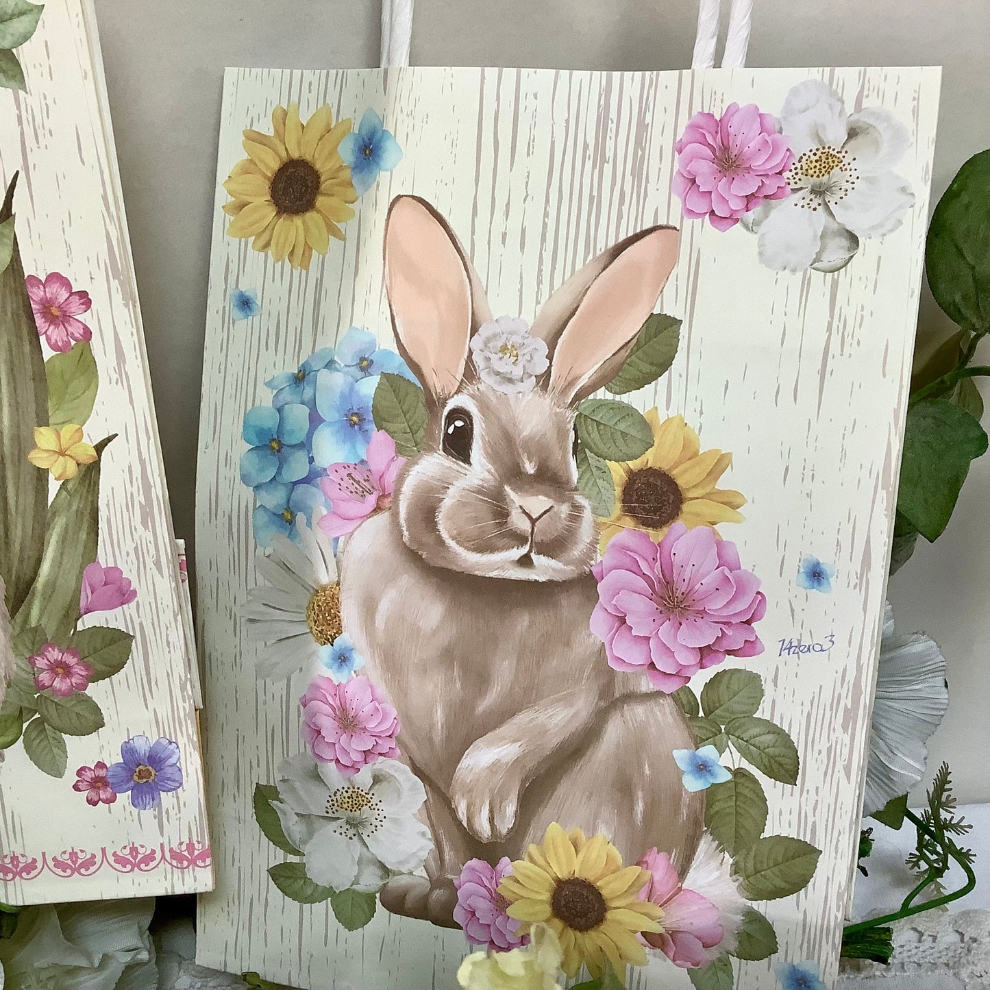 Sachets anses papier x 3 motif lapin ht 21 cm