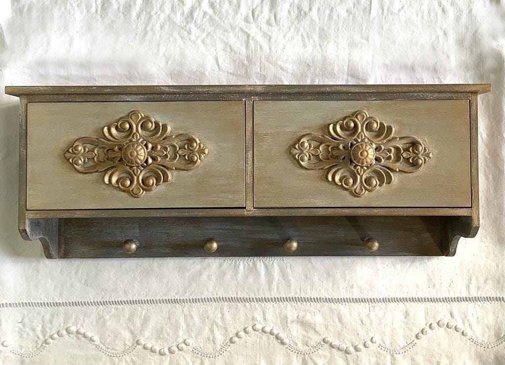 Étagère murale bois patiné 2 tiroirs 4 accroches ht 21 cm