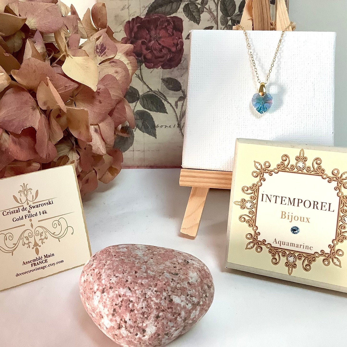 Collier coeur Aquamarine pendentif cristal Swarovski chaîne Gold Filled plaqué or 14 k