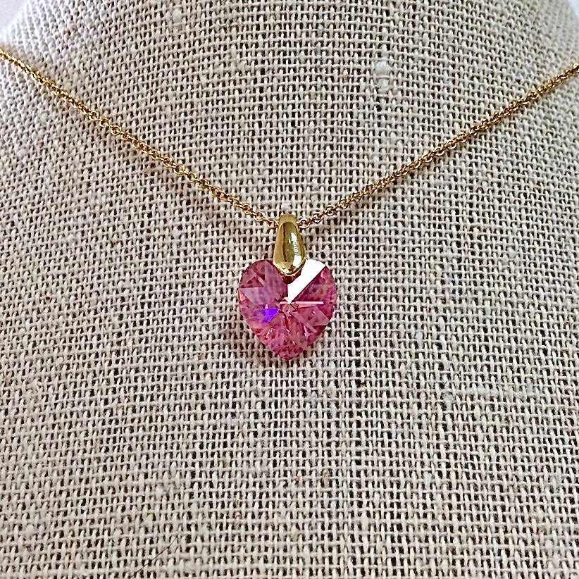 Collier coeur Rose pendentif cristal Swarovski chaîne Gold Filled plaqué or 14 k
