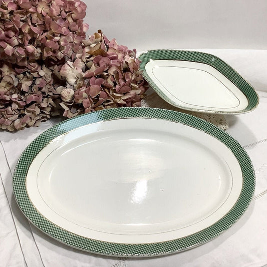 Grand plat ovale et ravier faïence Salin France Monaco vert vintage
