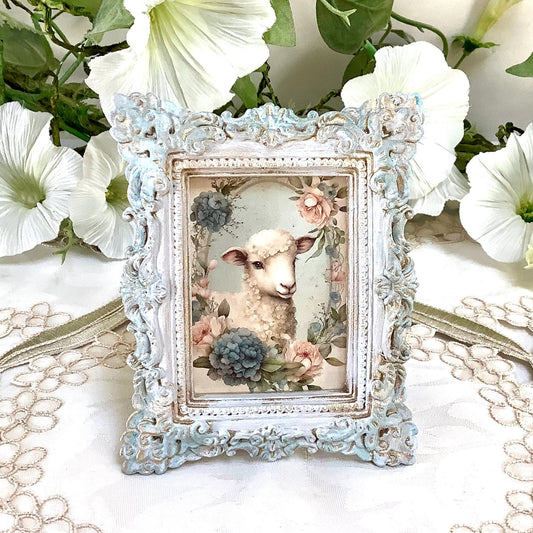 Cadre miniature baroque patiné bleu mouton 10 cm x 8 cm modèle B