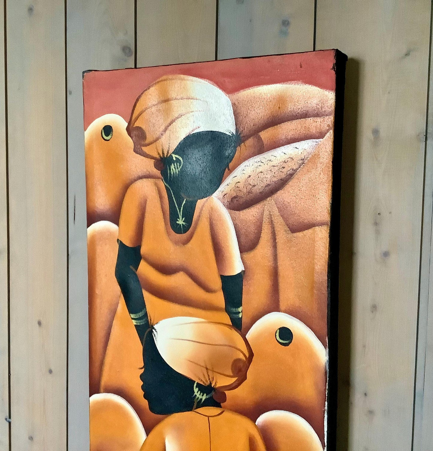 Peinture originale art naïf dominicain acrylique toile 75,5x31 cm, art populaire autodidacte