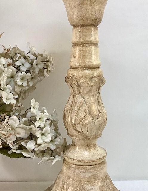 Chandelier bougeoir bois sculpté patiné beige ht 43 cm vintage