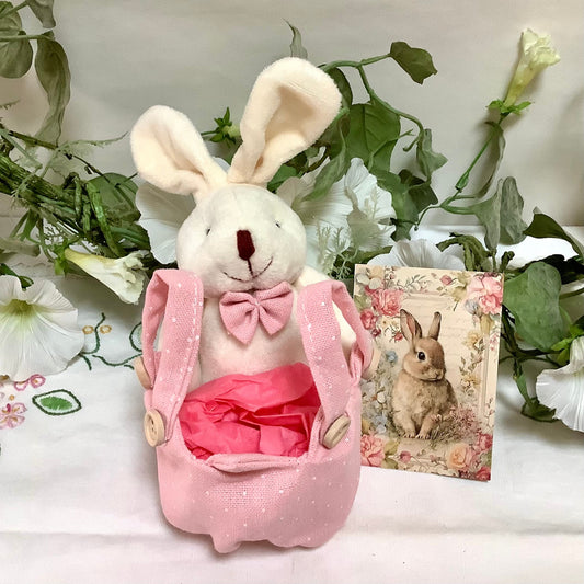 Lapin blanc peluche avec sac rose pois