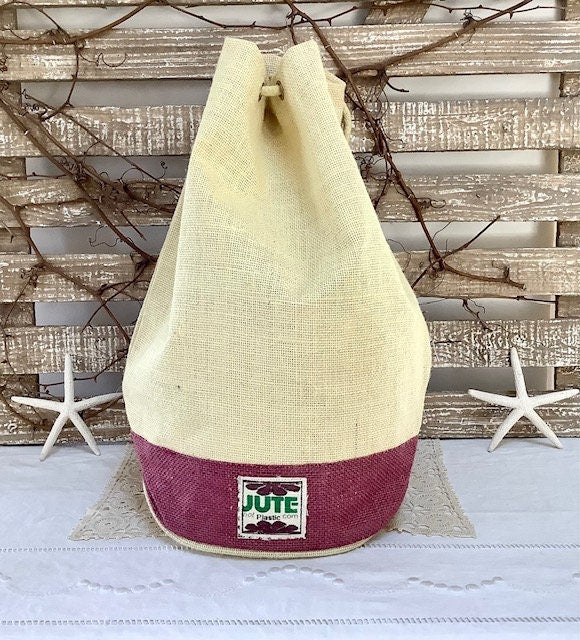 Sac de plage imperméable toile de jute beige bordeaux  ht 40 cm