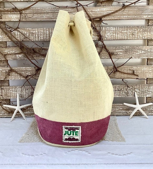 Sac de plage imperméable toile de jute beige bordeaux  ht 40 cm