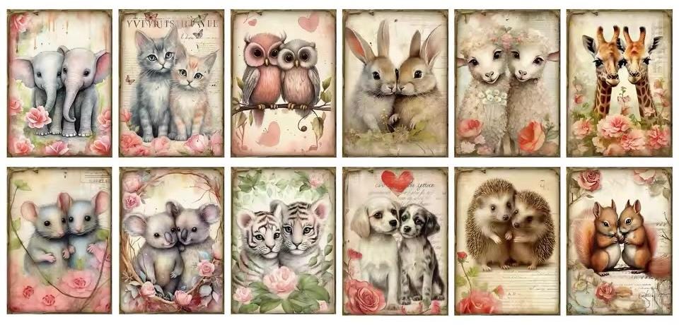 Images animaux victoriens  12 cartes + 4 enveloppes + 32 autocollants