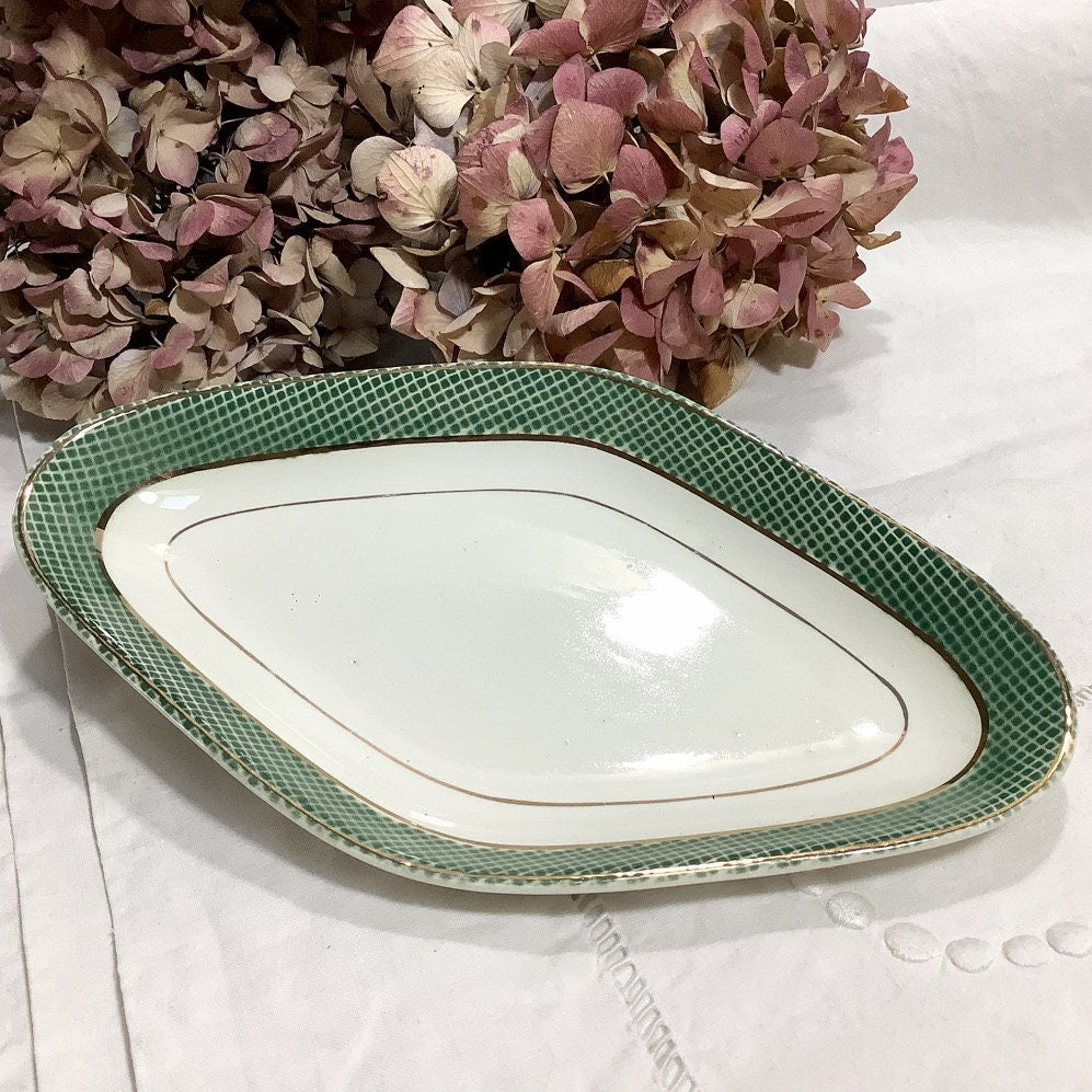 Grand plat ovale et ravier faïence Salin France Monaco vert vintage